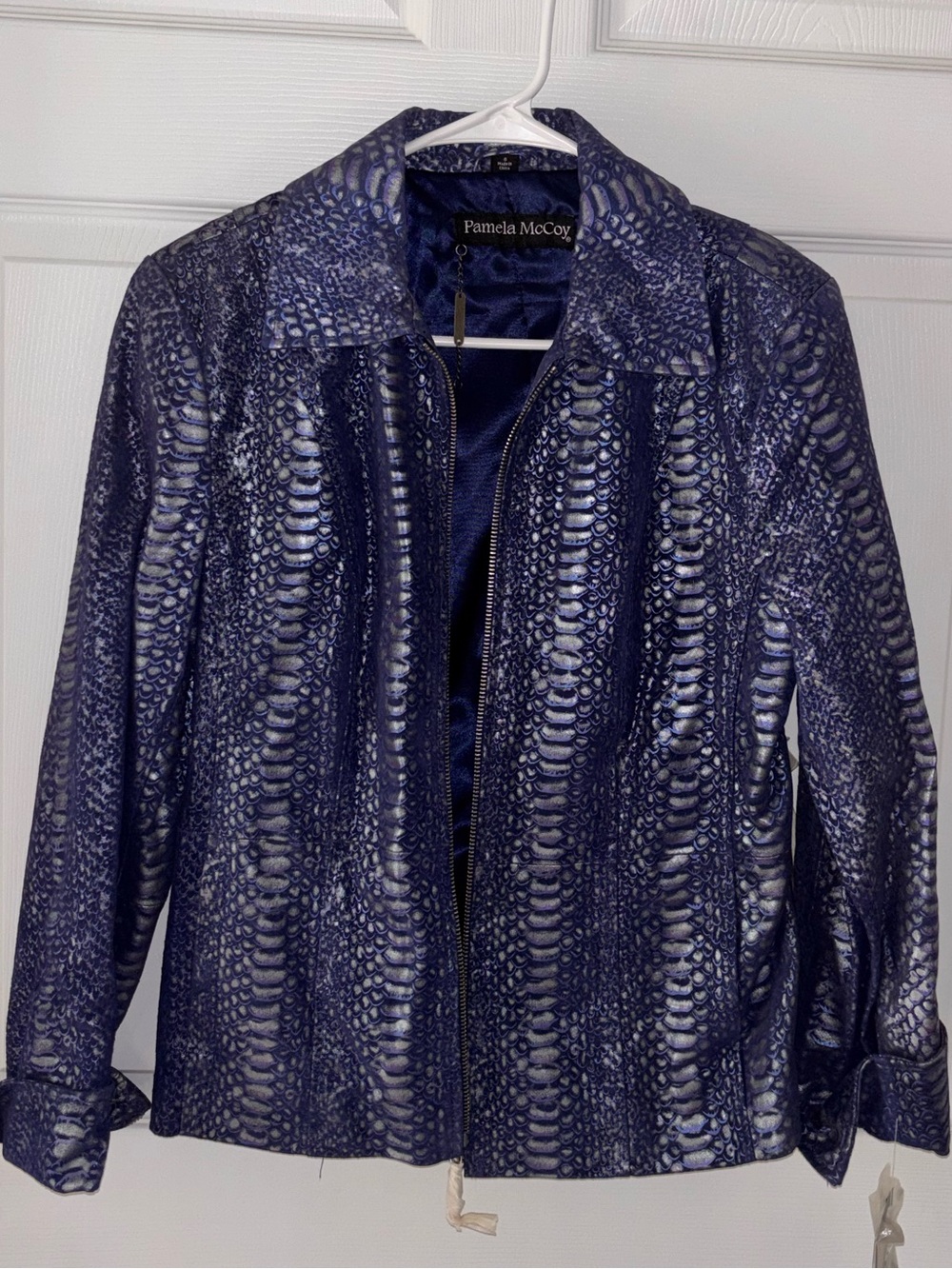 Pamela Mccoy Python Snake Print Leather Jacket Women’s Blue Metallic Sz S NWT